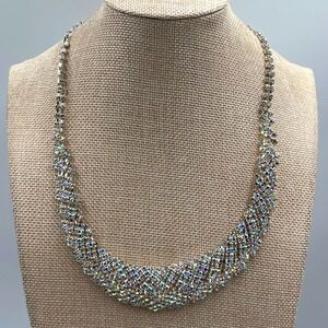 Vintage Anne Klein Aurora Borealis Crystal Necklace & Earring Silver Tone AK 3pc